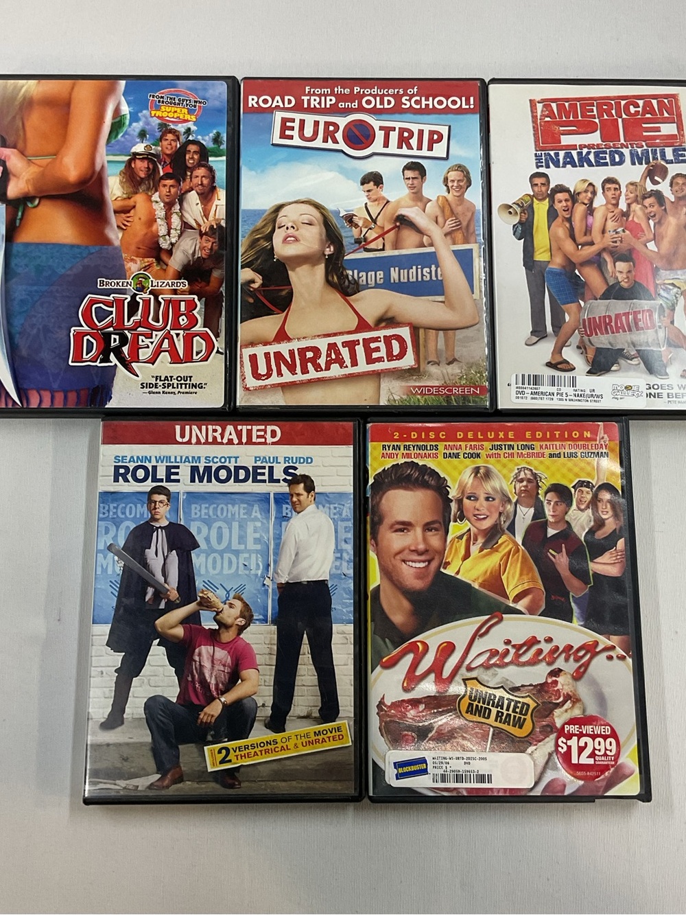 (5x DVD Raunchy Comedy) Club Dread, Eurotrip, American Pie, Role Models, Waiting